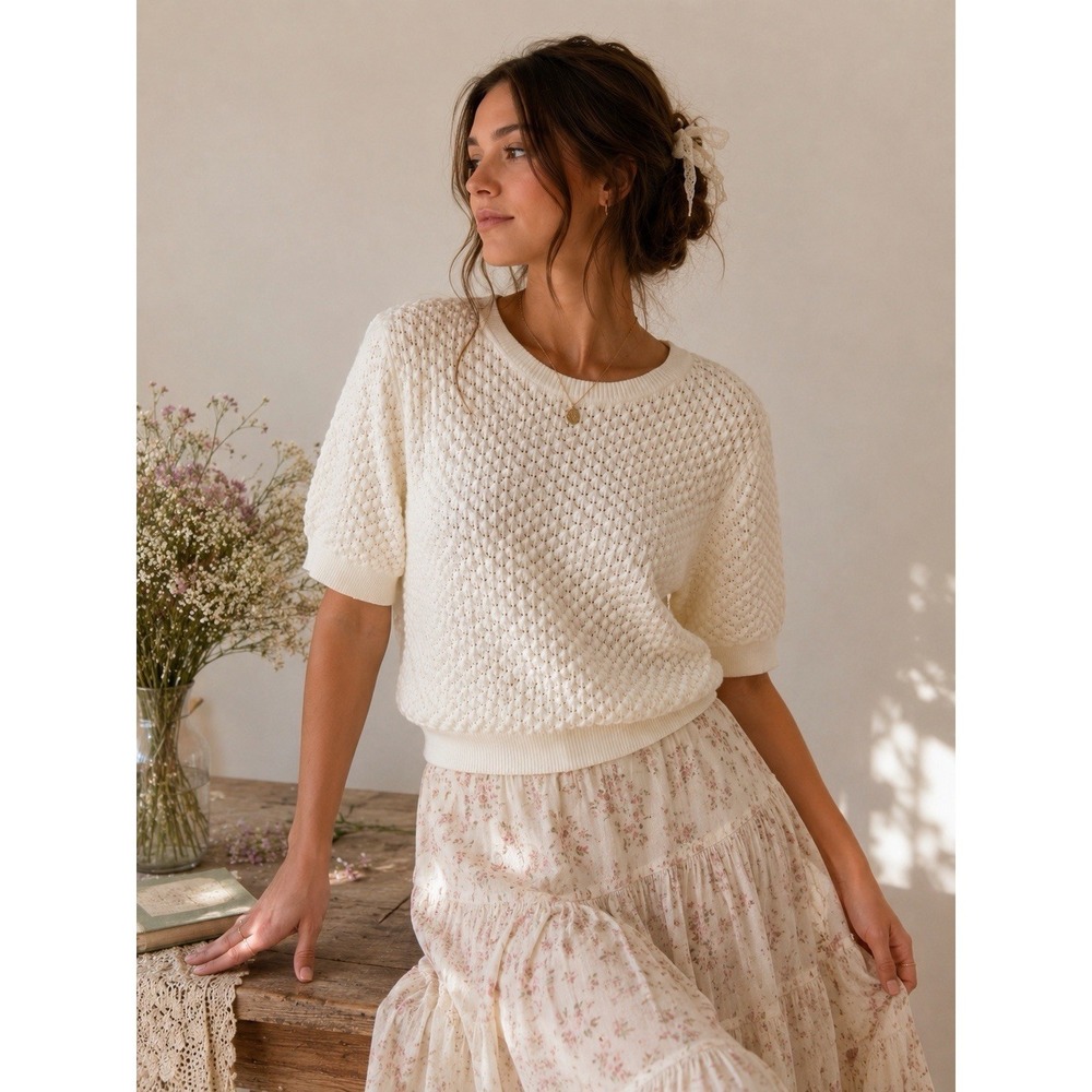 Cream Open Knit Sweater Cottagecore Fairycore Romantic Coquette Boho Chic XL